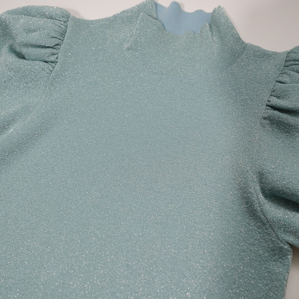 Alice + Olivia Issa Sweater Womens Large Blue Puff Sleeve Turtleneck Metallic - Picture 5 of 9